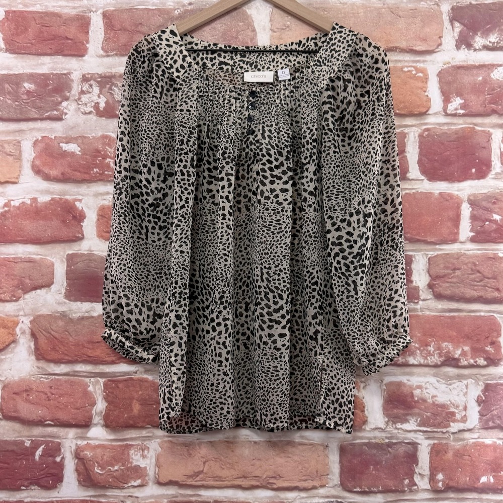 Chicos Top Women's Small Tan Black Abstract Animal Print Sheer Casual Shirt